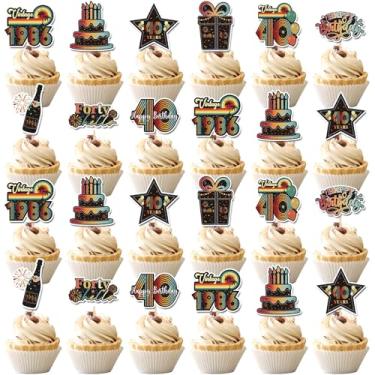 Imagem de Hokinaa 40th Birthday Cupcake Toppers - 36 Pcs Vintage Retro Sunset Birthday Party Decorations Paper Cup Cake Picks, Happy Anniversary Cheers to 40 Year Old Back in 1986 Decor Supplies for Men Women