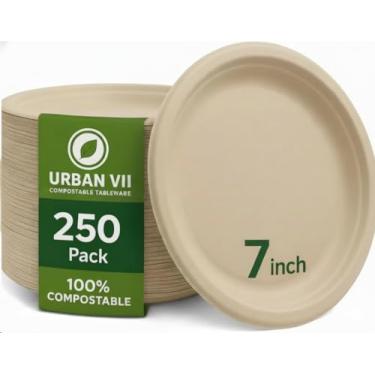 Imagem de URBAN VII Pratos compostáveis de 18 cm [pacote com 250] – papel de bagaço descartável bege, resistente, seguro para micro-ondas, resistente a gordura, ecológico (sem PFA) – Ótimo para festas