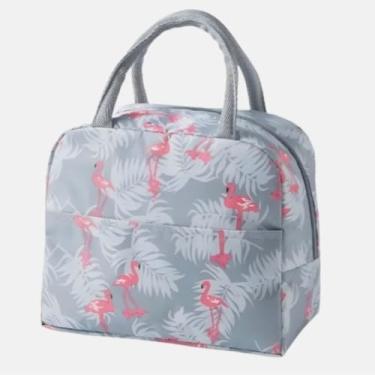 Imagem de Bolsa Térmica Marmita Lancheira Conservação de Alimentos Faculdade Trabalho Passeio Estampa Flamingos Cor Cinza