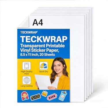 Imagem de TECKWRAP Papel adesivo de vinil transparente imprimível para impressora a jato de tinta, papel adesivo de vinil transparente para adesivos flexíveis DIY, 20 x 28 cm, 20 folhas,