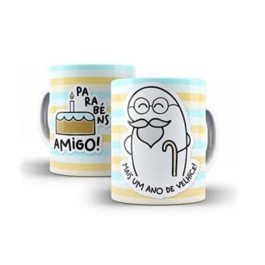 Imagem de Caneca Decorativa Parabéns Amiga, Porcelana, Design Listrado Pastel, Tema Aniversário com Bolo e Ilustração Fofa, 325ml (12869)