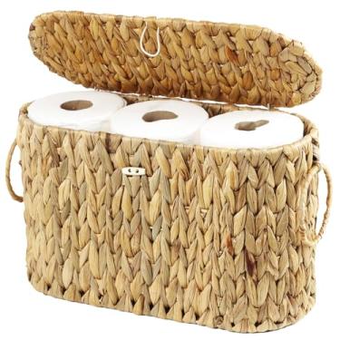 Imagem de Cesta de armazenamento de papel higiênico com tampa, suporte fino de papel higiênico de jacinto de água – comporta até 6 mega rolos, cesta de vime para organizador de acessórios de banheiro