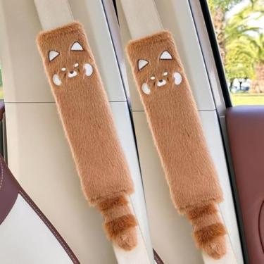 Imagem de 2 capas de cinto de segurança de carro, capa protetora fofa de pelúcia de inverno, bonita e prática, adequada para todos os cintos de segurança (guaxinim)