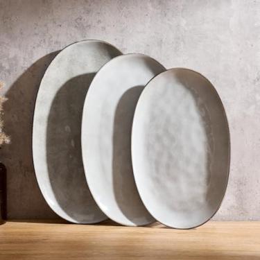 Imagem de famiware Travessa de servir, pratos ovais de 40 cm para entretenimento, tigelas de servir, esmalte reativo, bandejas de servir grés para festa, comida, peru, queijo, série oceânica, cinza