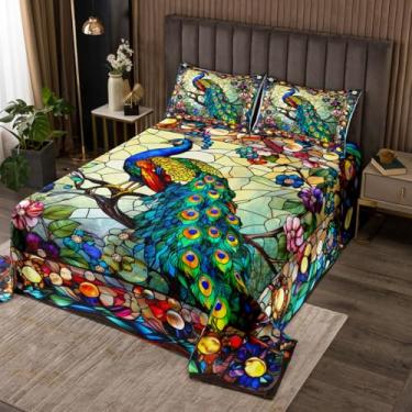 Imagem de Homewish Colcha de pavão colorido, tamanho Queen, conjunto de cama luxuoso de pássaros 3 peças para decoração de quarto de crianças, adolescentes e adultos, conjunto de edredom barroco vintage animais