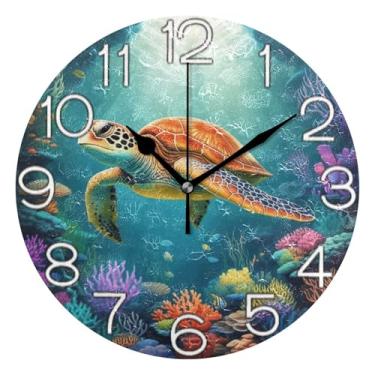 Imagem de GAIGEO Relógio de parede analógico decorativo relógio de cozinha rústico funky alimentado por bateria, arte de parede moderna legal decoração de casa, tartaruga vintage colorido coral roxo, 25 cm