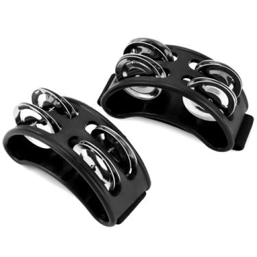 Imagem de QWORK Pandeiro profissional para pés com sinos de metal niquelado e alça de nylon elástica durável, preta, ideal para conjuntos acústicos e sessões de jam, 2 peças