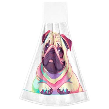 Imagem de Toalhas de mão fofas de arte pop de cachorro pug com laços para pendurar toalhas de dedo macias absorventes de forno conjunto de 2, decoração de cozinha moderna 18,2 x 14 polegadas