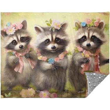 Imagem de TSENQUE Linda flor de guaxinim personalizada boho manta xadrez presentes de viagem mulheres adulto cobertores difusos cinza 177,8 cm x 139,7 cm