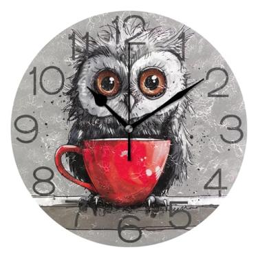 Imagem de GAIGEO Relógio de parede com copo de coruja de desenho fofo analógico decorativo relógio de cozinha rústico estético silencioso sem tique-taque, decoração de parede de casa de fazenda moderna, 25 cm