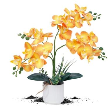 Imagem de ucky Flores de orquídea artificiais brancas atualizadas com vaso de cerâmica, orquídeas falsas, flores de toque real para decoração de casa, decoração de banheiro, mesa de centro de mesa (laranja)