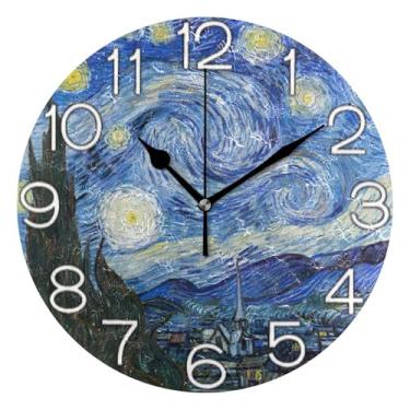 Imagem de GAIGEO Relógio de parede analógico decorativo com pintura azul estrelada, relógio de cozinha, bonito, estético, silencioso, sem tique-taque, decoração de parede retrô moderna art déco, 25 cm