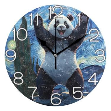 Imagem de Relógio de parede analógico decorativo funky alimentado por bateria relógio de cozinha rústico, decoração de parede vintage sala de estar engraçado panda noite estrelada, 25 cm, ponteiros pretos