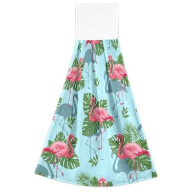 Imagem de Toalhas de mão com laços para pendurar flamingos rosa folhas verdes azul forno toalha de dedo conjunto de 2, decoração de cozinha moderna macia absorvente, 18,2 x 14 polegadas
