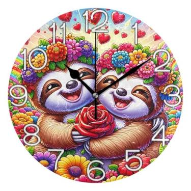 Imagem de GAIGEO Lindo relógio de parede analógico de flores preguiças de desenho animado decorativo escritório cozinha relógio operado a bateria, decoração de parede de meados do século sala de estar, 25 cm