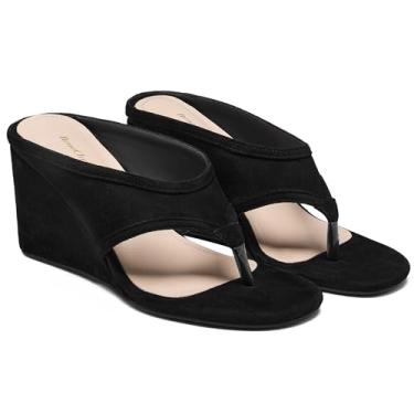 Imagem de ReneChristine Pantufas femininas de salto alto nude sem cadarço confortável vestido de noite chinelos sandálias de dedo redondo para mulheres salto de 8 cm, Camurça preta, 38