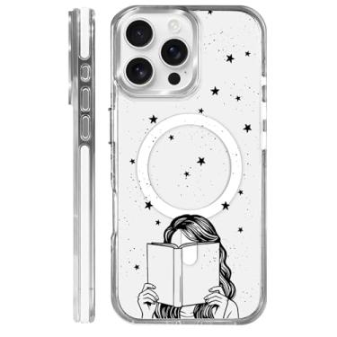 Imagem de casesok Capa para iPhone 16 Pro Max compatível com Magsafe, design estético claro bonito para meninas e mulheres, capa rígida protetora antiqueda para iPhone 16 Pro Max-Twinkling Stars Reading Girl