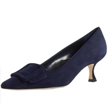 Imagem de Divanne Sapato feminino de camurça, salto gatinho, fivela, bico fino, salto baixo, sapato social, Azul-marinho camurça, 6.5