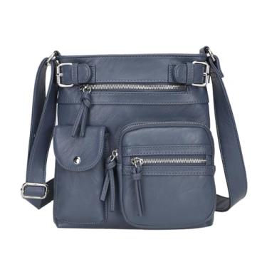 Imagem de KouLi Buir Bolsa tiracolo feminina, bolsa de couro com alça ajustável, bolsa de ombro leve com bolsos com zíper, Azul-Z