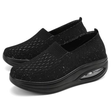 Imagem de RUIDENG Tênis de caminhada feminino para enfermeira, antiderrapante, para trabalho, corrida, mocassins, plataforma, confortável, leve, Todo preto 25133, 36