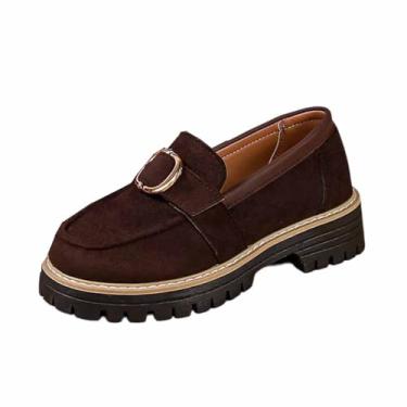 Imagem de Mocassim feminino bico redondo salto médio com zíper lateral sola grossa sapatos casuais, Marrom, 39