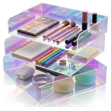 Imagem de Suzile 3 organizadores iridescentes de acrílico para cartas, 30 x 23 x 7 cm, bandeja de papel iridescente empilhável para mesa, pasta de documentos, cadernos, artigos de papelaria, acessórios de