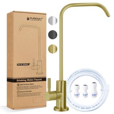 Imagem de Torneira de água potável - Torneira de água filtrada com haste de rosca longa para bancada grossa, torneira RO sem chumbo com mangueira e conexões de pressão (ouro fosco - formato de 18 cm)