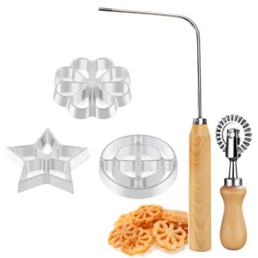 Imagem de Conjunto de 4 rosetas timbale e cortador de roda de pastelaria, molde para fazer biscoitos de flor de lótus Bunuelos com roda de cortador de massa, kit de funil de bolo e roda de cortador de crimpador