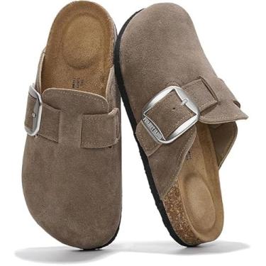 Imagem de Project Cloud Tamancos de couro genuíno para mulheres - Palmilha de espuma viscoelástica, antiderrapante e de cortiça natural, suporte de arco, tamancos e mules femininos com fivela grande (Manchester