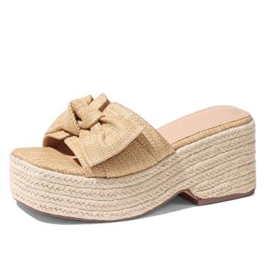 Imagem de Erocalli Sandálias plataforma plataforma com laço aberto alpargatas para mulheres sem cadarço bonito bege verão ráfia sandália confortável de férias na praia palha elegante, 2 damascos, 40