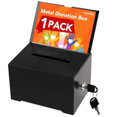 Imagem de LINSIRON Caixa de sugestões de pote SAFETip com ranhura e cadeado Sorteio de doação de metal para arrecadação de fundos Cédula de dinheiro Bartender votação oração comentário professor caixa de