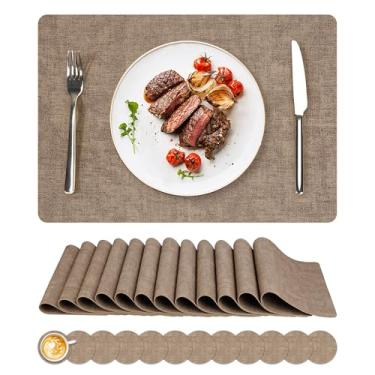 Imagem de Jogo americano de vinil, conjunto de 12 tapetes de couro sintético à prova d'água e resistente ao calor, tapetes de mesa laváveis antiderrapantes com porta-copos para ambientes internos e externos, 43