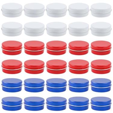 Imagem de ASUNFO 30 latas de alumínio de 14,2 g, recipientes redondos vazios para bálsamo labial com tampa de parafuso, azul, vermelho, branco