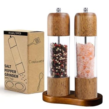 Imagem de M JINGMEI Conjunto de moedor de sal e pimenta de madeira, moedor de sal de madeira de carvalho premium, moedor de pimenta com janela transparente de acrílico, moedor de cerâmica ajustável (20 cm - 2