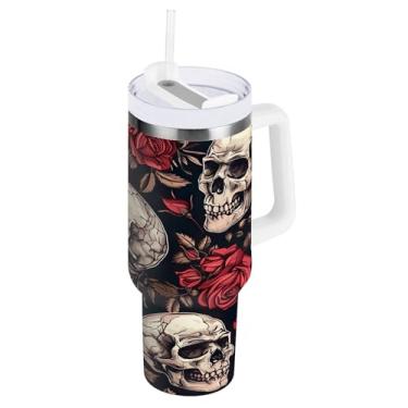 Imagem de SEHANY Copo de caveira e rosas de 1,18 l com alça, copo isolado de aço inoxidável a vácuo de parede dupla, à prova de vazamento, caneca de café isolada para viagem cabe no suporte de copo de carro