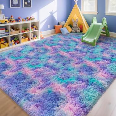 Imagem de Tapete grande de 2,4 x 3 m tingido roxo arco-íris lavável fofo para meninas, quarto, cabeceira, tapete colorido