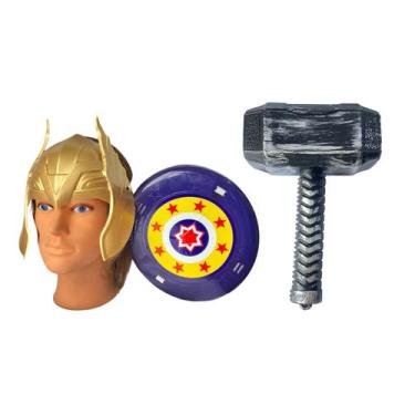 Imagem de Kit Defensor Medieval c/ Escudo, Máscara Dourado e Martelo - Le Plasti