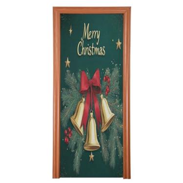 Imagem de SEHANY Capa de porta de sinos de guirlanda de Natal, decoração externa, tecido de alta elasticidade, capa de porta de Natal, faixa de Natal, capa de porta para porta da frente, festa festiva