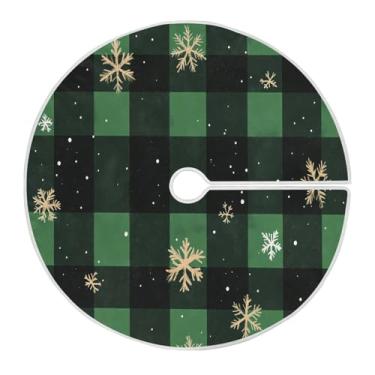 Imagem de Blueangle Saia de árvore de Natal xadrez de búfalo preto com flocos de neve de 118 cm saia de poliéster macio para decoração de árvore de Natal (283)
