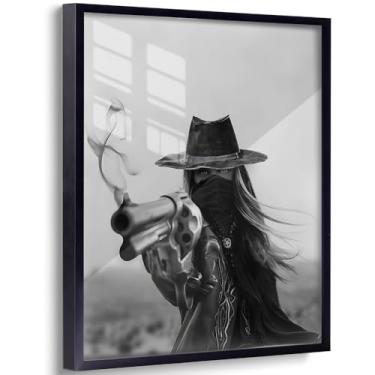 Imagem de Arte de parede de vaqueira feminista preto e branco vintage estilo acadêmico estilo caubói feminino impressão em tela moderna decoração de parede moldura de alumínio preto 20 x 25 cm