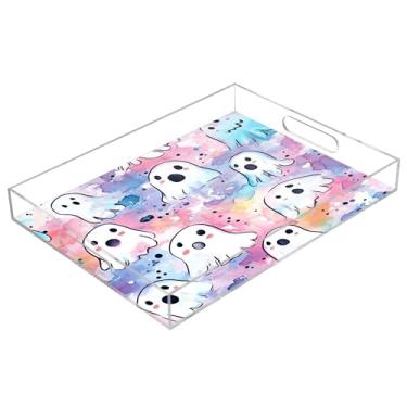 Imagem de xigua Bandeja de servir de acrílico fantasma de Halloween com alças à prova de derramamento, bandejas decorativas de festa de Halloween, bandeja organizadora de bancada para banheiro, cozinha, 30,5 x