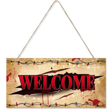 Imagem de Placa de Madeira de Boas-Vindas, 30x15cm Placa Decorativa com Tema Desenho Animado para Pendurar Decoração Assustadora Quarto Cenário para Fotos Festas Halloween e Outras Ocasiões Especiais