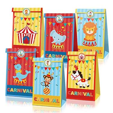 Imagem de Conjunto de 24 sacos de presente temáticos de carnaval de circo com alça, padrões brilhantes e coloridos, material de papel durável com alça, perfeito para festas de aniversário, eventos de carnaval e