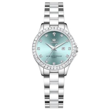 Imagem de OLEVS Relógio feminino elegante com data e resistente à água para pulsos pequenos Reloj para mulheres, L3651: pulseira prata e mostrador azul, Presente de festa clássico casual de luxo