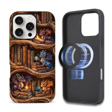Imagem de ZHEGAILIAN Capa compatível com iPhone 16 Pro Max, capa de telefone com design de estante esculpida em madeira com dragão livro, [compatível com MagSafe], capa rígida híbrida de 2 camadas para meninas