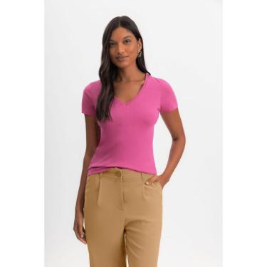 Imagem de Blusa Gola V Feminina Em Malha Essendi Rosa Médio-Feminino