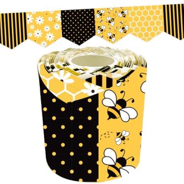 Imagem de FYSUIMU Quadro de avisos de abelha de verão de 80 m, borda de abelha, margarida, listras de favo de mel, bolinhas, corte de matriz, rolo de borda para decoração de parede de quadro-negro de volta às