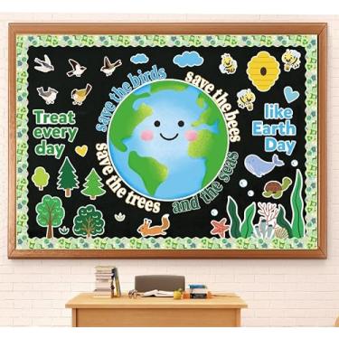 Imagem de AnyDesign Quadro de avisos do Dia da Terra, decorações de sala de aula, planeta, árvore, pássaro, peixe, abelha, recortes de papel para proteção ambiental, casa, escola, escritório, sala de aula