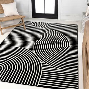 Imagem de JONATHAN Y SCN100F-3 Hallie High-Low Minimalista Curva Geométrica Preto/Branco 0,9 m x 1,5 m Tapete de Área Interna, Não Descama, Resistente a Manchas, Fácil Limpeza para Quarto, Sala de Estar e