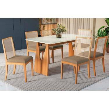 Imagem de Conjunto Mesa Mila Premium Madeira Maciça c/ Tampo Madeirado c/ Vidro 160x90cm e 6 Cadeiras Lara Carvalho/Off White - Boucle Bege Fendi Kappesberg